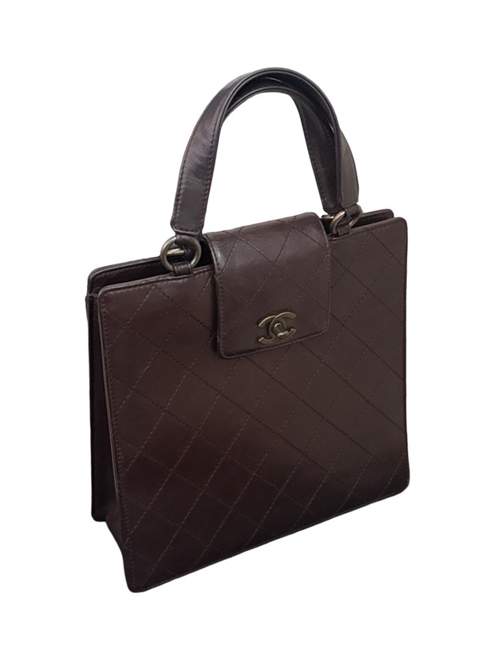CHANEL Dark Brown Quilted Calf Leather Top-Handle Tote